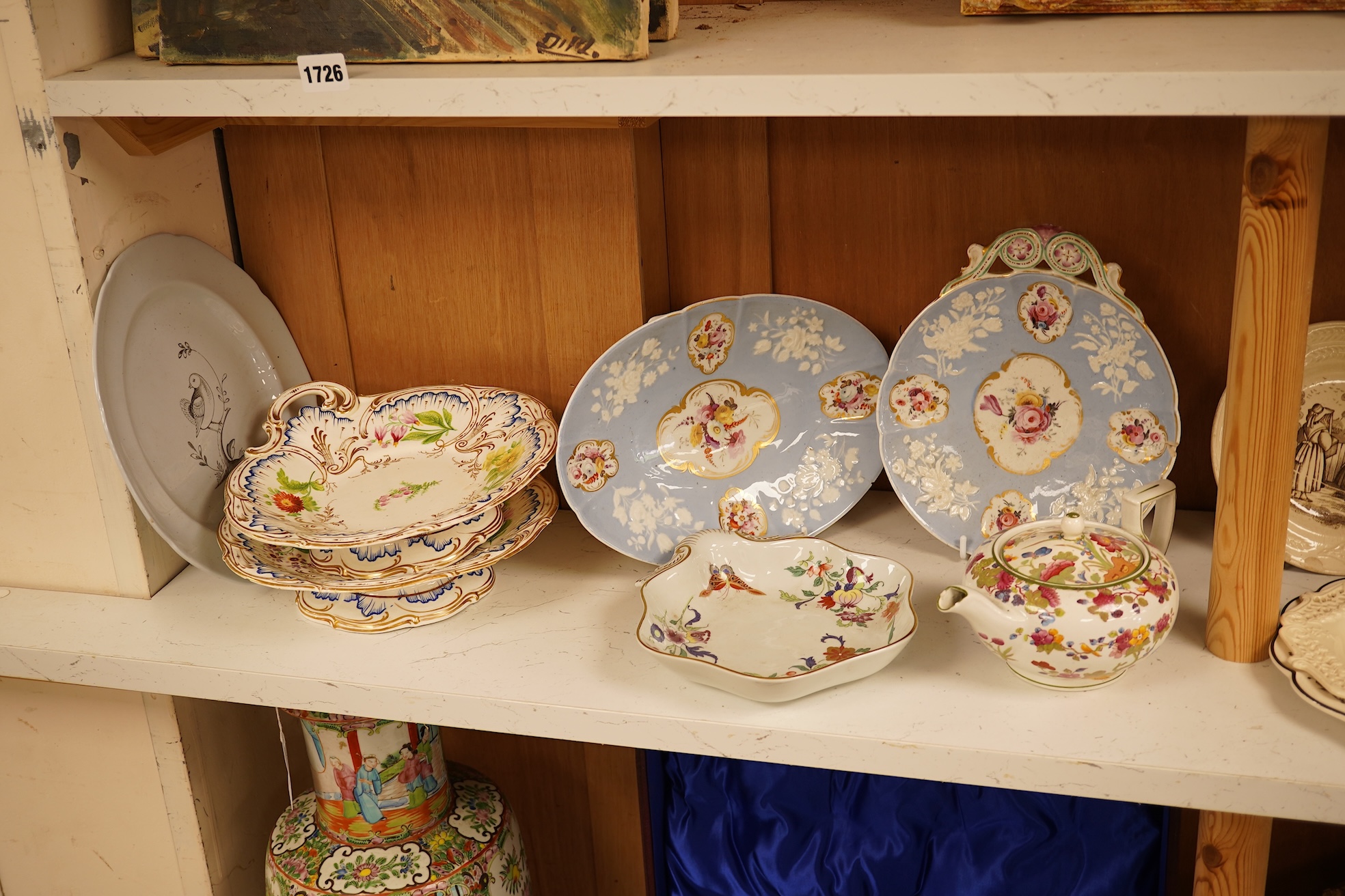 A quantity of 19th century and later plates, comports, vases etc. Tallest a pair of lustre Carltonware vases 26cm high